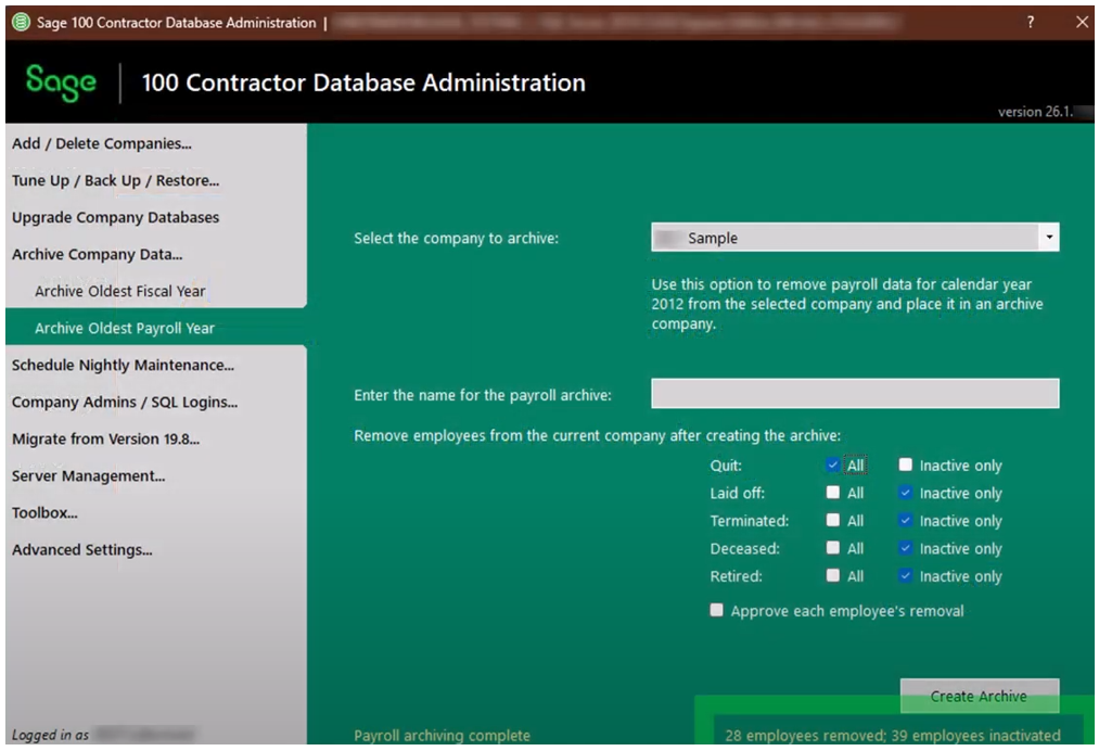 Sage 100 Contractor version 26.1 Enhancement: Combined Archiving
